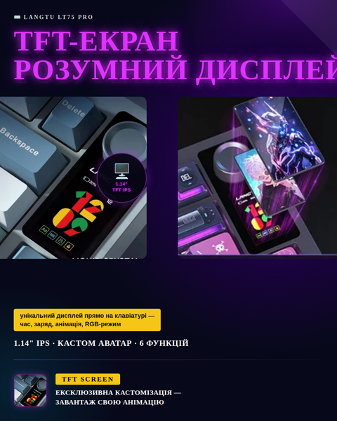 LANGTU LT75 Pro &mdash; бездротова механічна клавіатура 75%, Gasket, Hot-swap, TFT-екран, RGB, BT 5.0 / 2.4GHz, Green 8463739473 фото