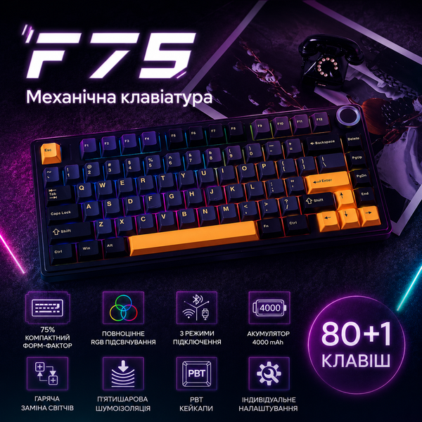 Беспроводная механическая Клавиатура AULA F75 Black-Yellow 235235235 фото